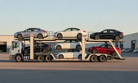 Car transporter parked in an industrial area of Huron, South Dakota, United States