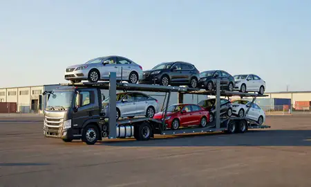 Car transporter loaded with vehicles in Huron, South Dakota, United States
