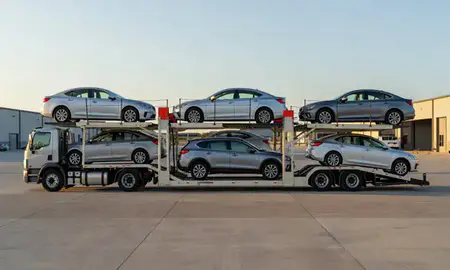 Car transporter parked in an industrial area of Lead, South Dakota, United States