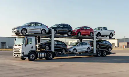 Car transporter loaded with vehicles in Lead, South Dakota, United States