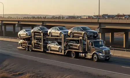 Car transporter with the Lead, South Dakota, United States skyline behind it
