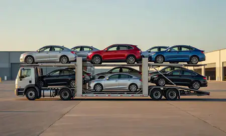 Car transporter parked in an industrial area of Madison, South Dakota, United States