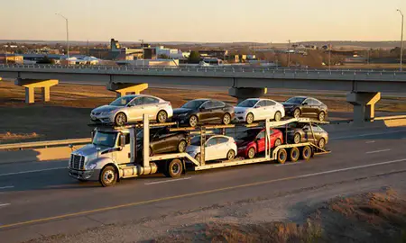 Car transporter with the Madison, South Dakota, United States skyline behind it