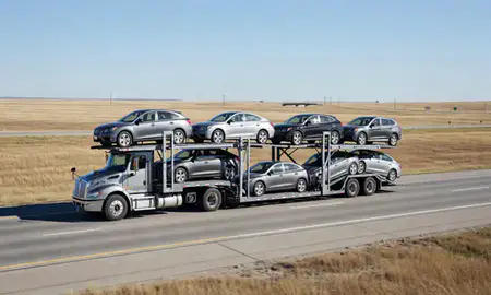 Multi-level car carrier on the highway to Milbank, South Dakota, United States
