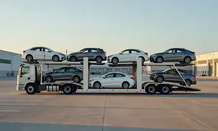 Car transporter parked in an industrial area of Milbank, South Dakota, United States