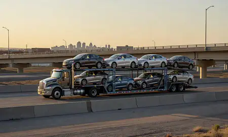 Car transporter with the Milbank, South Dakota, United States skyline behind it