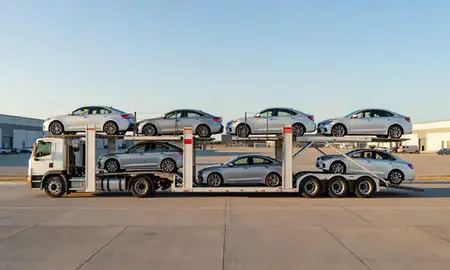 Car transporter parked in an industrial area of Mitchell, South Dakota, United States