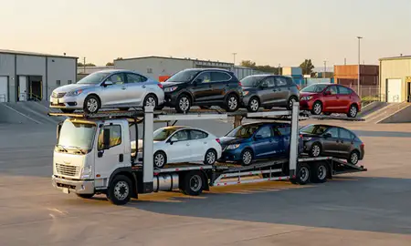 Car transporter loaded with vehicles in Mitchell, South Dakota, United States