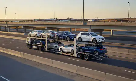 Car transporter with the Mitchell, South Dakota, United States skyline behind it