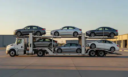 Car transporter parked in an industrial area of Mobridge, South Dakota, United States