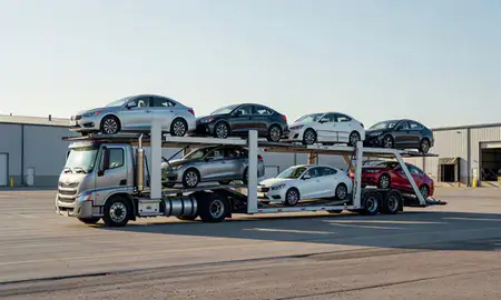 Car transporter loaded with vehicles in Mobridge, South Dakota, United States