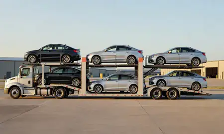Car transporter parked in an industrial area of North Sioux City, South Dakota, United States