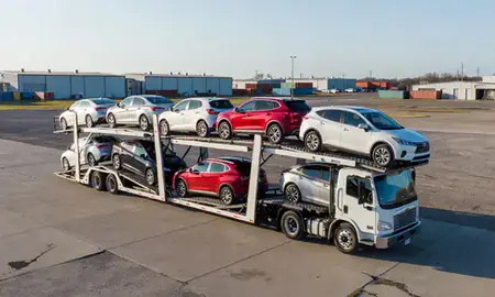 Car transporter loaded with vehicles in North Sioux City, South Dakota, United States