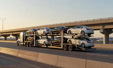 Car transporter with the North Sioux City, South Dakota, United States skyline behind it