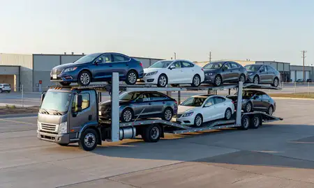 Car transporter loaded with vehicles in Pierre, South Dakota, United States