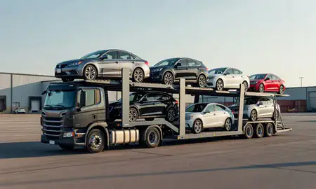 Car transporter loaded with vehicles in Rapid City, South Dakota, United States