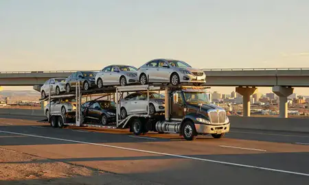 Car transporter with the Rapid City, South Dakota, United States skyline behind it
