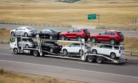 Multi-level car carrier on the highway to Rapid Valley, South Dakota, United States