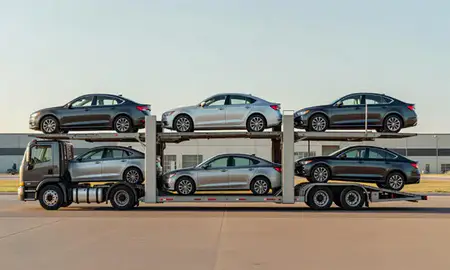 Car transporter parked in an industrial area of Rapid Valley, South Dakota, United States