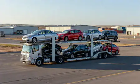 Car transporter loaded with vehicles in Rapid Valley, South Dakota, United States