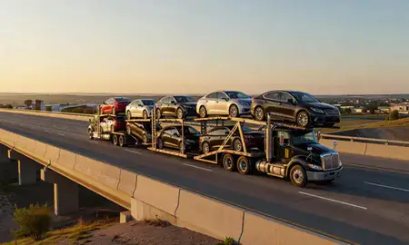 Car transporter with the Rapid Valley, South Dakota, United States skyline behind it
