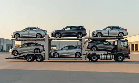 Car transporter parked in an industrial area of Sioux Falls, South Dakota, United States