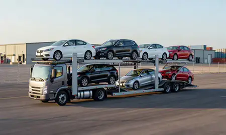 Car transporter loaded with vehicles in Sioux Falls, South Dakota, United States