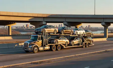 Car transporter with the Sioux Falls, South Dakota, United States skyline behind it