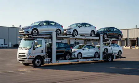 Car transporter loaded with vehicles in Spearfish, South Dakota, United States