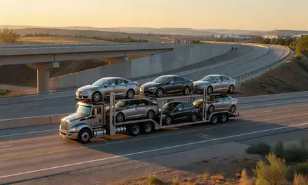 Car transporter with the Spearfish, South Dakota, United States skyline behind it
