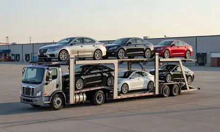 Car transporter loaded with vehicles in Sturgis, South Dakota, United States