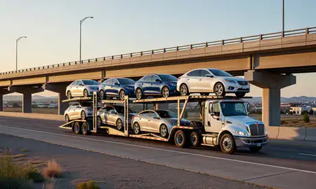Car transporter with the Sturgis, South Dakota, United States skyline behind it