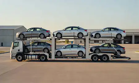 Car transporter parked in an industrial area of Summerset, South Dakota, United States