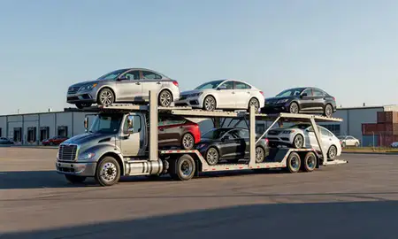Car transporter loaded with vehicles in Summerset, South Dakota, United States