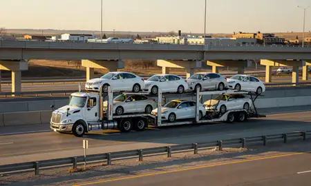 Car transporter with the Summerset, South Dakota, United States skyline behind it