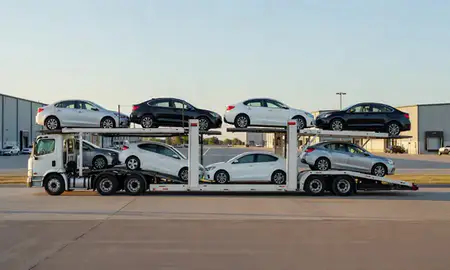 Car transporter parked in an industrial area of Tea, South Dakota, United States