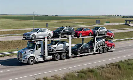 Multi-level car carrier on the highway to Vermillion, South Dakota, United States