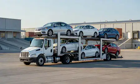 Car transporter loaded with vehicles in Vermillion, South Dakota, United States