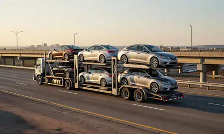 Car transporter with the Vermillion, South Dakota, United States skyline behind it