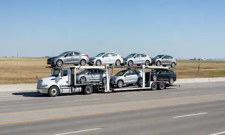 Multi-level car carrier on the highway to Watertown, South Dakota, United States