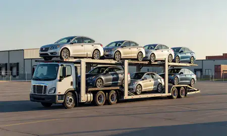 Car transporter loaded with vehicles in Watertown, South Dakota, United States