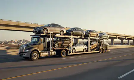 Car transporter with the Watertown, South Dakota, United States skyline behind it