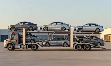 Car transporter parked in an industrial area of Yankton, South Dakota, United States