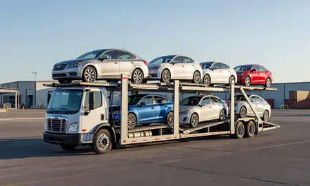 Car transporter loaded with vehicles in Yankton, South Dakota, United States