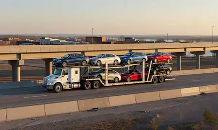 Car transporter with the Yankton, South Dakota, United States skyline behind it