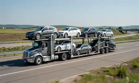 Multi-level car carrier on the highway to Tennessee, United States