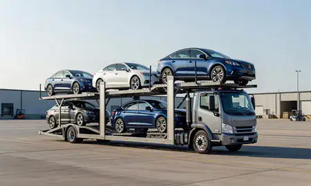 Car transporter loaded with vehicles in Tennessee, United States