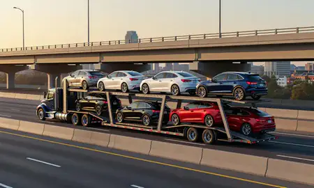 Car transporter with the Tennessee, United States skyline behind it