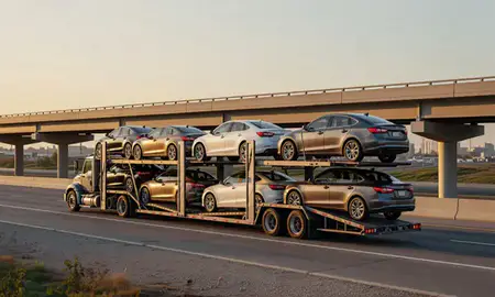 Car transporter with the Bartlett, Tennessee, United States skyline behind it