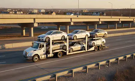 Car transporter with the Brentwood, Tennessee, United States skyline behind it